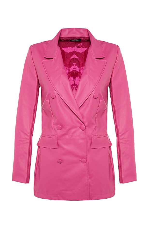 Tkana marynarka w kolorze fuksji z podwójnymi zapięciami i podszewką ze sztucznej skóry TWOAW21CE0156 - 6