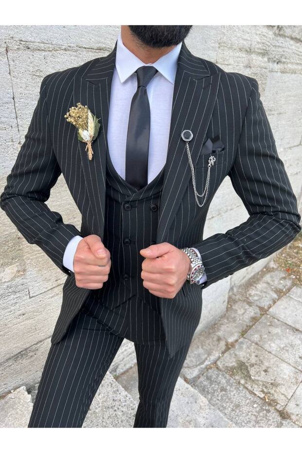Yeni Sezon Italyan Kesim Slimfit Siyah Çizgili Takım Elbise - 5