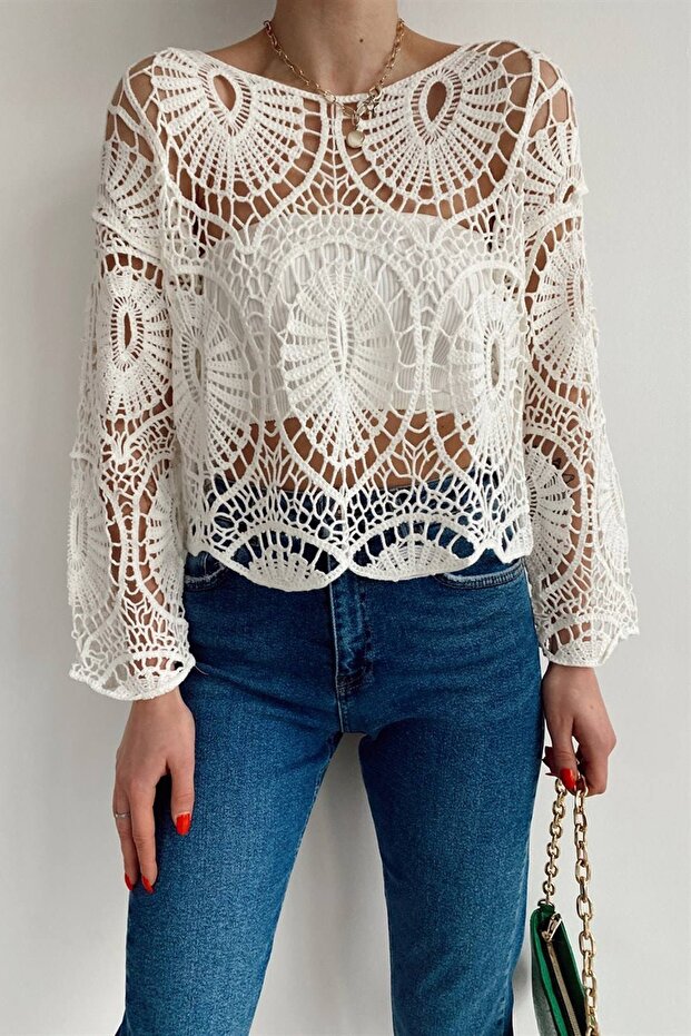 Women's White Short Lace Blouse