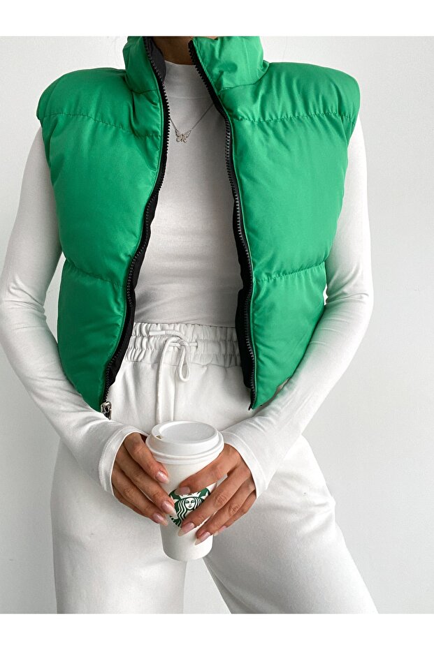 Women's Green Black Double Sided Drawstrable Short Puffer Vest