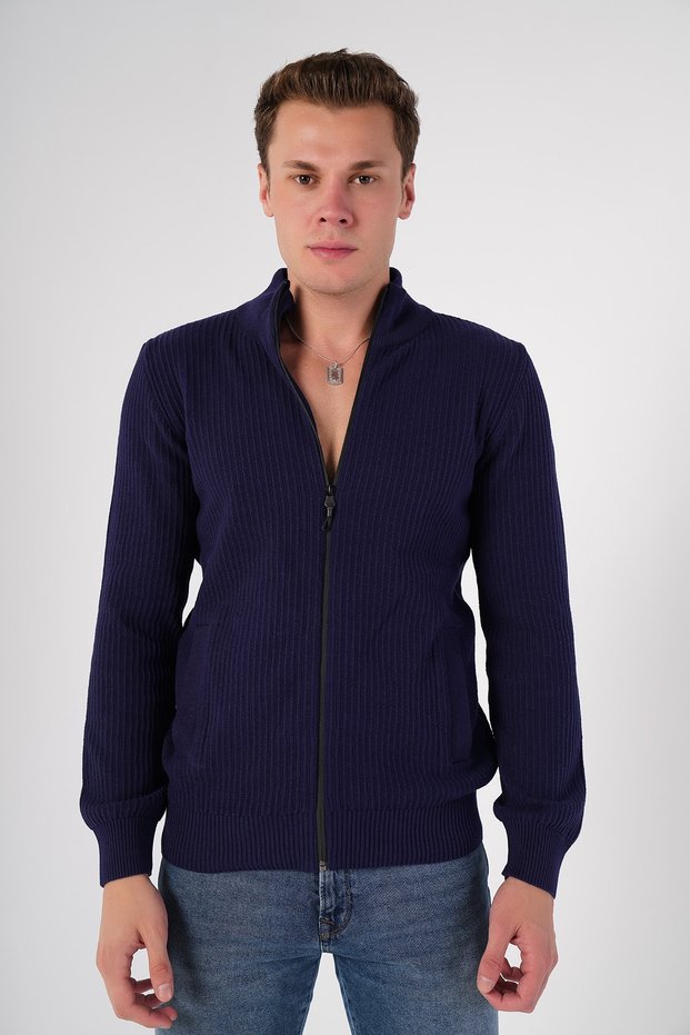 Navy Blue Men's 100% Cotton Zippered Stand Collar Pocket Knitwear Cardigan Trist-1193