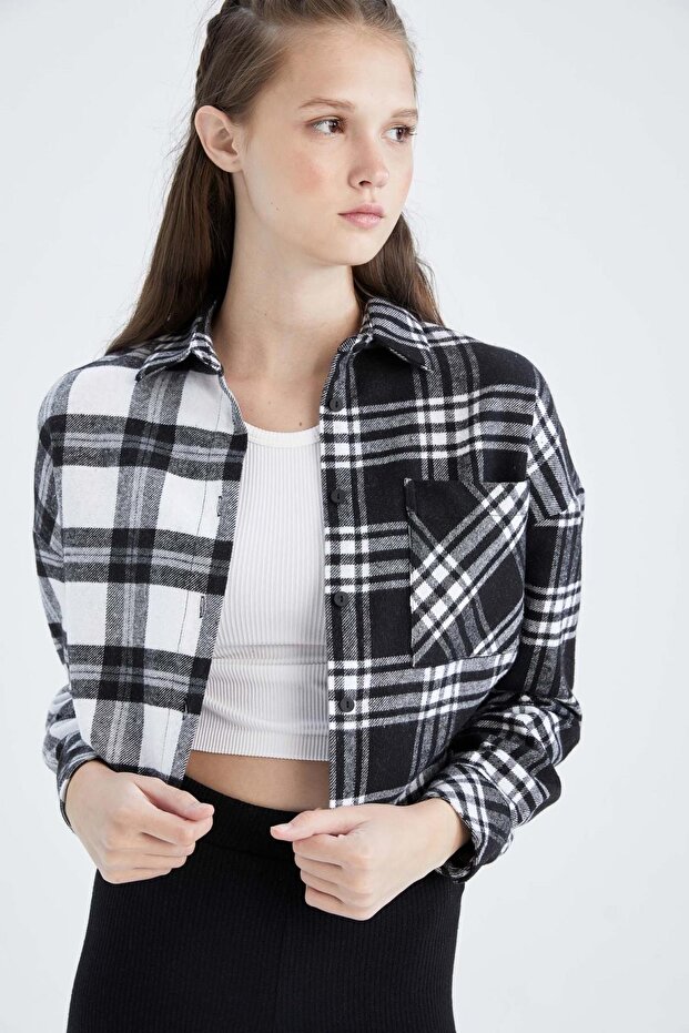 Coool Oversize Fit Gömlek Yaka Kareli Uzun Kollu Gömlek - 1