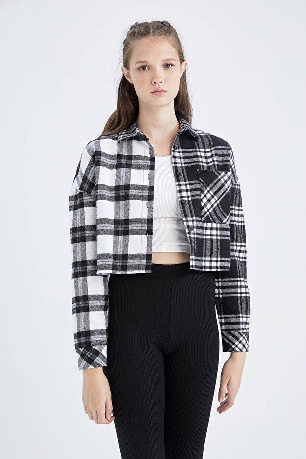 Coool Oversize Fit Gömlek Yaka Kareli Uzun Kollu Gömlek - 3