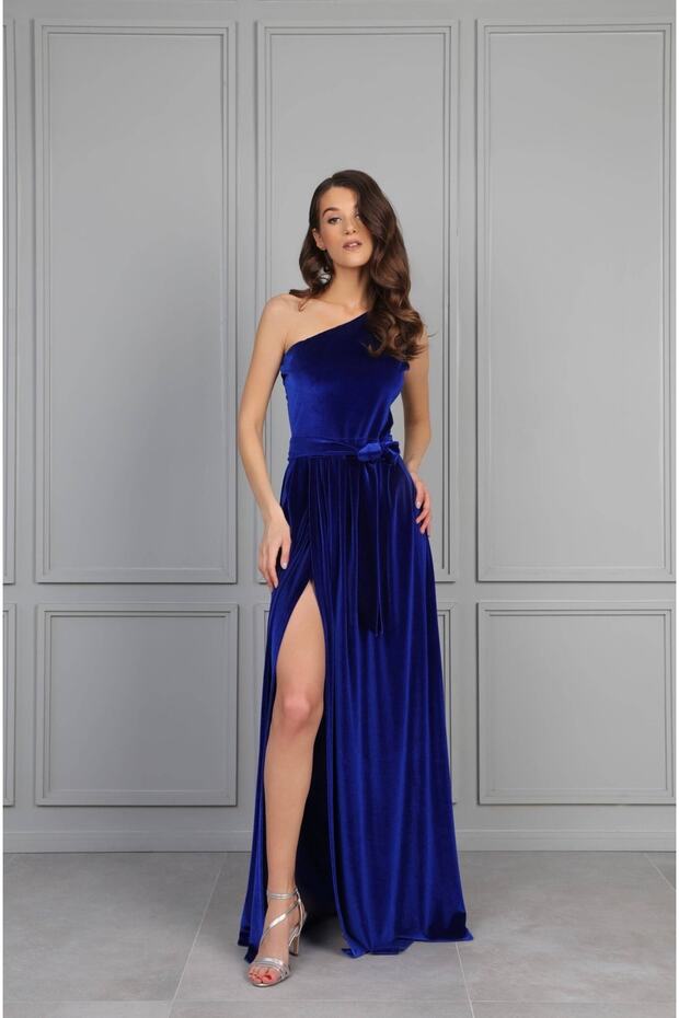 Tek Omuz Kadife Elbise - 1