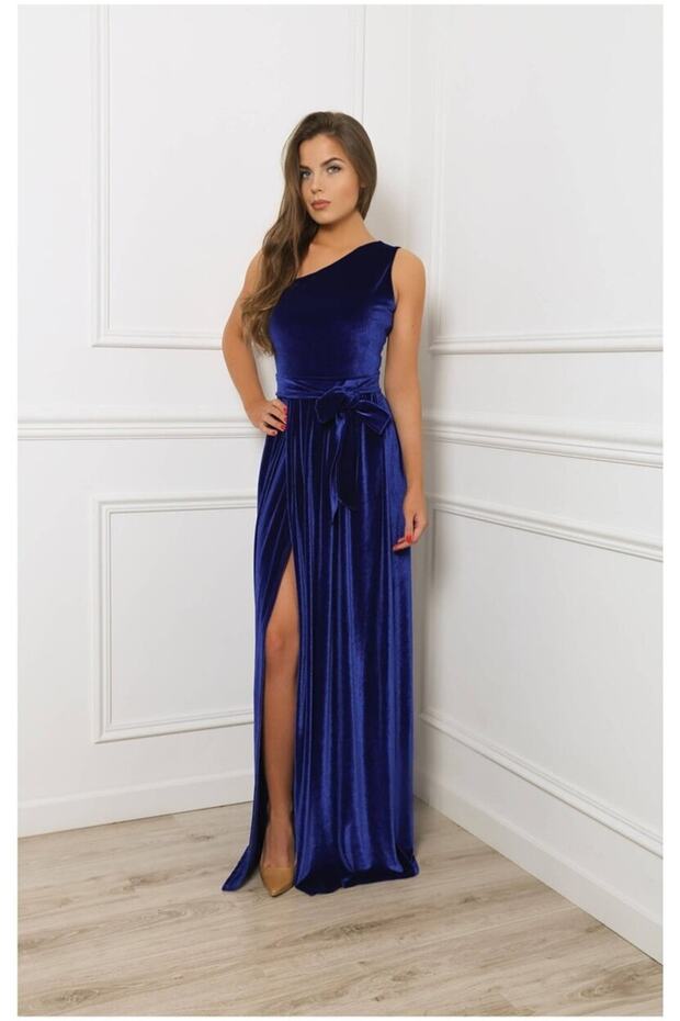 Tek Omuz Kadife Elbise - 2