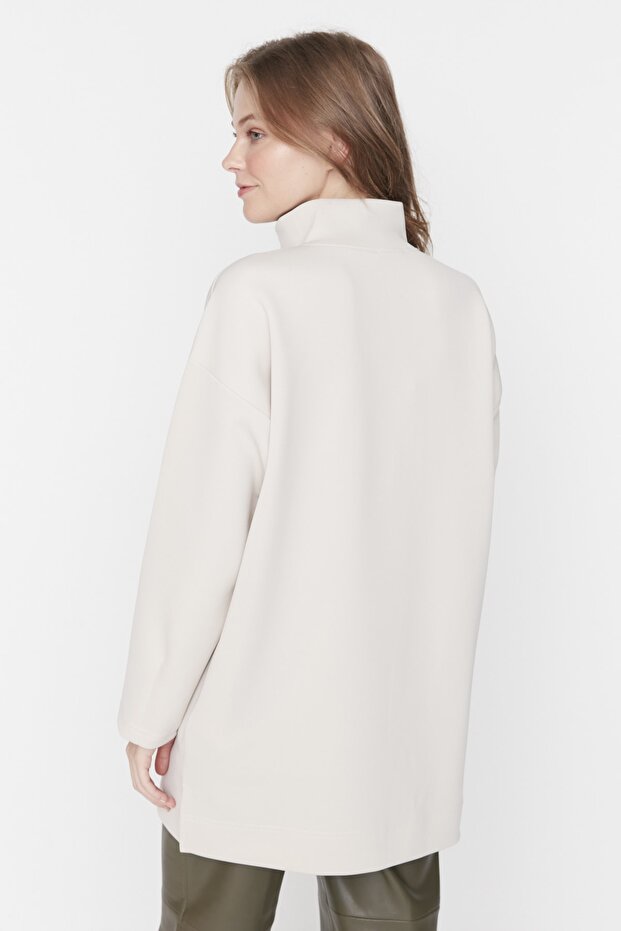 Taş Oversize Fermuar Detaylı Dalgıç/Scuba Örme Sweatshirt TCTAW23TW00198 - 5