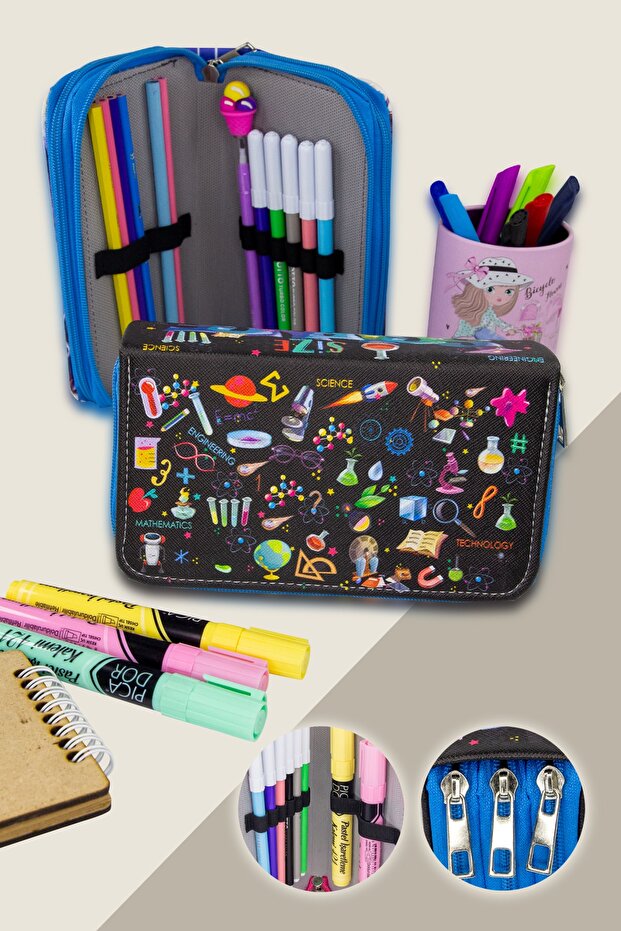 Pencil Case Science Kids Kawaii Pattern Orginazer Three Compartment Vegan Leather (PEN)