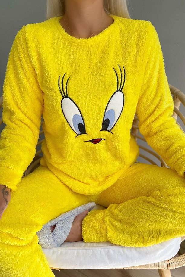 Sarı Kuş Desenli Tam Peluş Pijama Takımı - 4