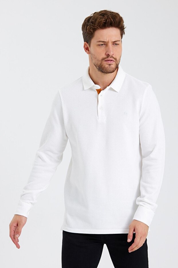 Men's Basic Polo Neck Long Loose Winter White Sweatshirt