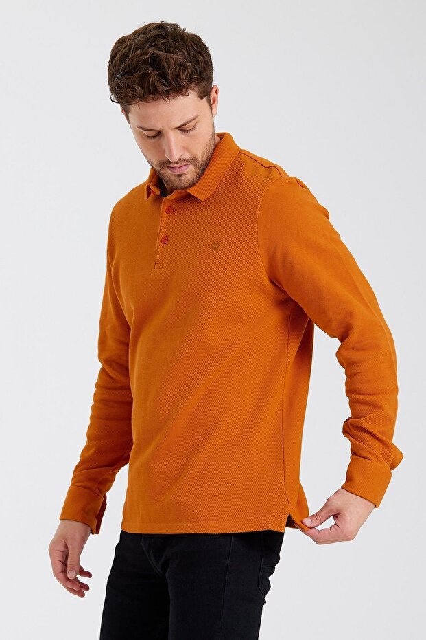 Men's Basic Polo Neck Long Winter Orange Sweatshirt - 5