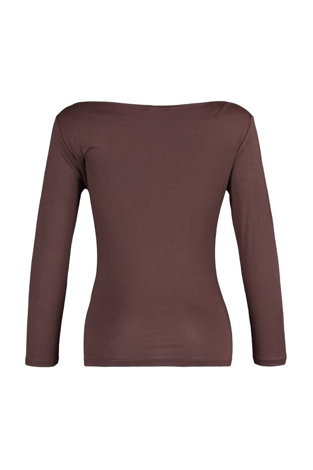 Kahverengi Fitted/Vücuda Oturan Uzun Kol Kayık Yaka Viskoz Esnek Örme Bluz TWOAW21BZ0106 - 8