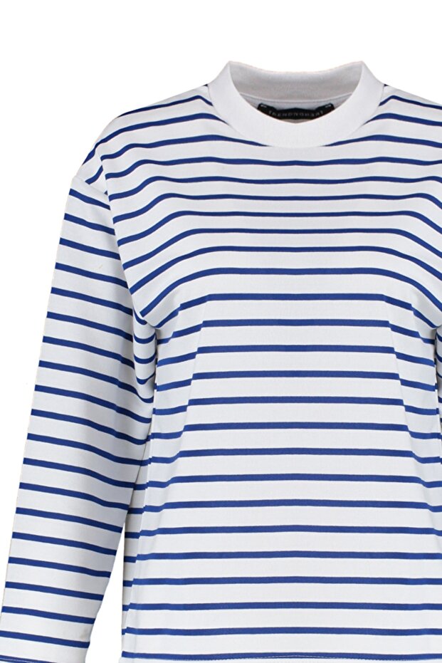Beyaz Çizgili Oversize/Geniş Kesim Bisiklet Yaka İnce Örme Sweatshirt TWOAW23SW00326 - 9