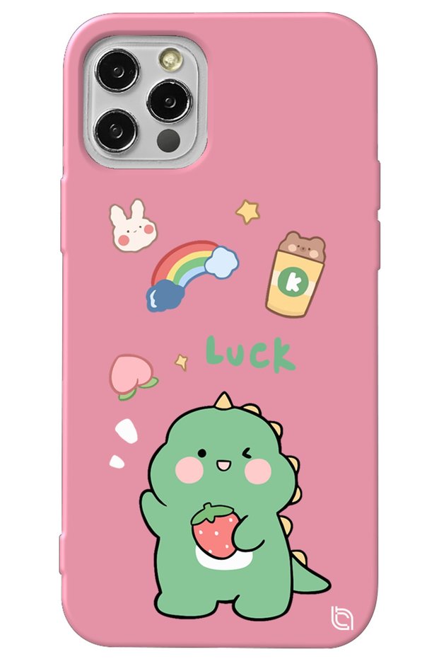 iPhone 14 Pro Pink Premium Velvet Dinosaur Patterned Silicone Phone Case