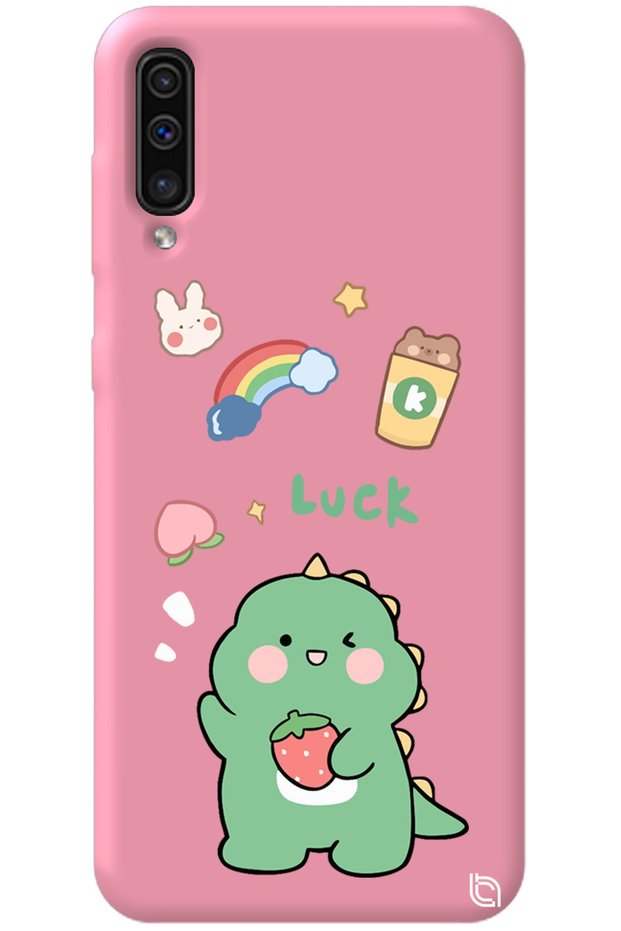 Samsung A50 Pink Premium Velvet Inside Dinosaur Patterned Silicone Phone Case