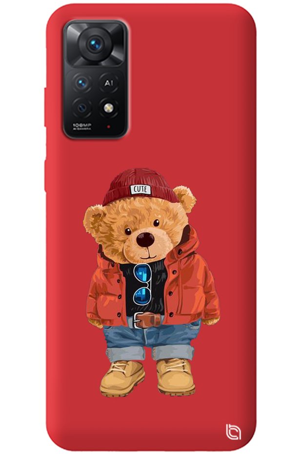 Xiaomi Redmi Note 11 Pro Red Premium Velvet Teddy Bear Patterned Silicone Phone Case