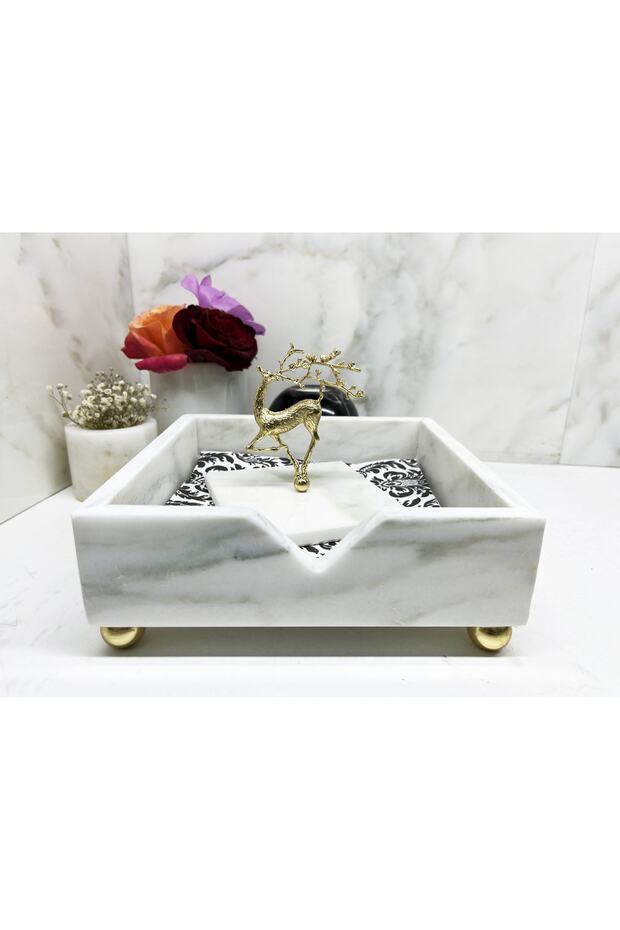 Doğal Mermer Peçetelik Gold Geyik Objeli - 1