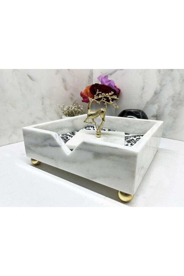 Doğal Mermer Peçetelik Gold Geyik Objeli - 5