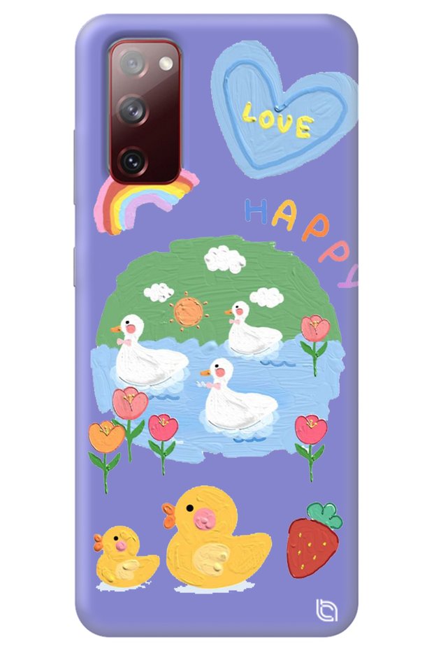Samsung S20 Fe Lilac Premium Velvet Inside Happy Duck Patterned Silicone Phone Case