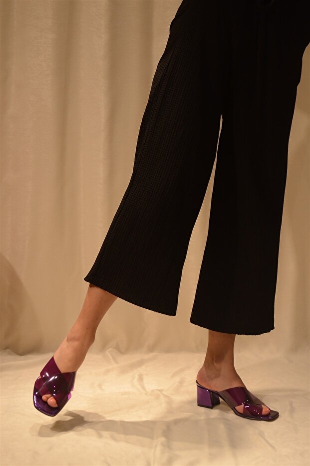 Kadın Mor Şeffaf Çapraz Bant Topuklu Terlik - 6