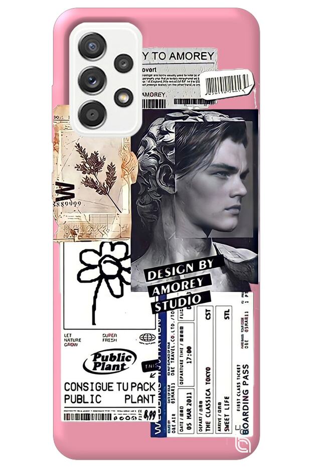 Samsung A33 Pink Premium Velvet Inside Collage Patterned Silicone Phone Case