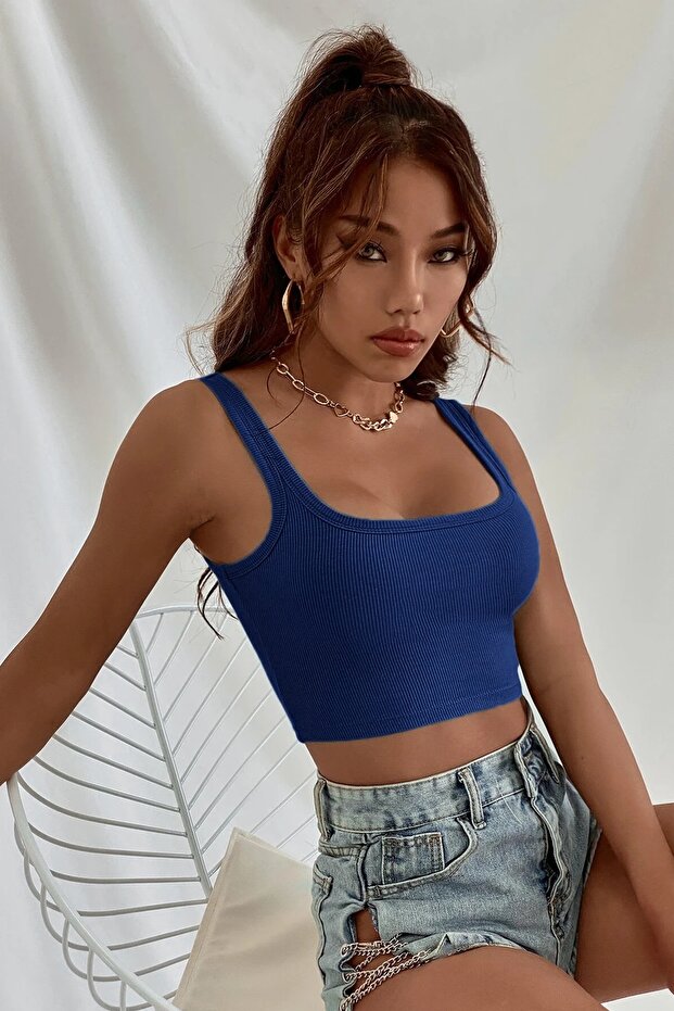 Kadın Lacivert Askılı Crop Top Bluz - 7