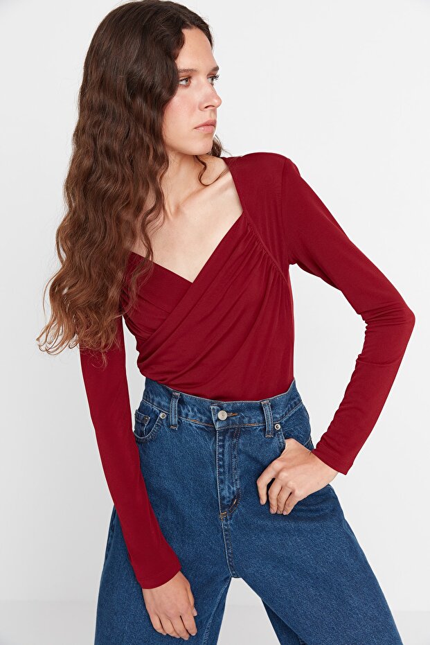 Bordo Vatkalı Drape Detaylı Fitted/Vücuda Oturan Esnek Çıtçıtlı Örme Body TWOAW22BD0156 - 4