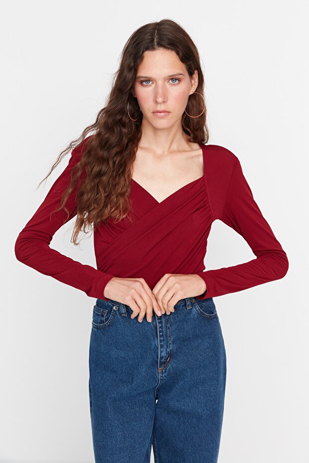 Bordo Vatkalı Drape Detaylı Fitted/Vücuda Oturan Esnek Çıtçıtlı Örme Body TWOAW22BD0156 - 6