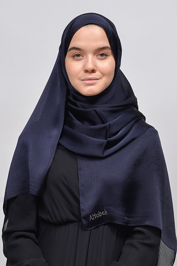 Janjan Shiny Satin Textured Hijab Evening Dress Chiffon Shawl Navy Blue