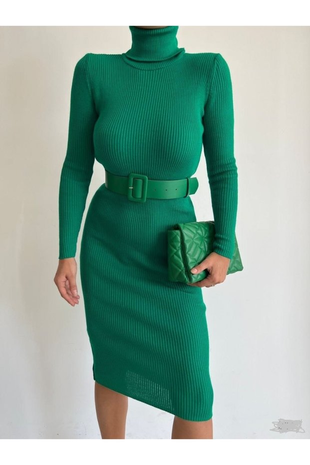 New Season Belt Detail Turtleneck Green Color Knitwear Midi Length Evening Dress and Graduation Dress 0167 712