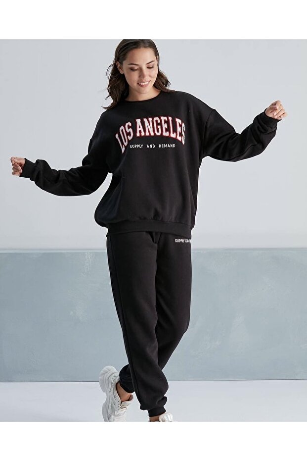 Crew Neck Los Angeles Printed Thick Winter Oversize Modern Women's Tracksuit Set