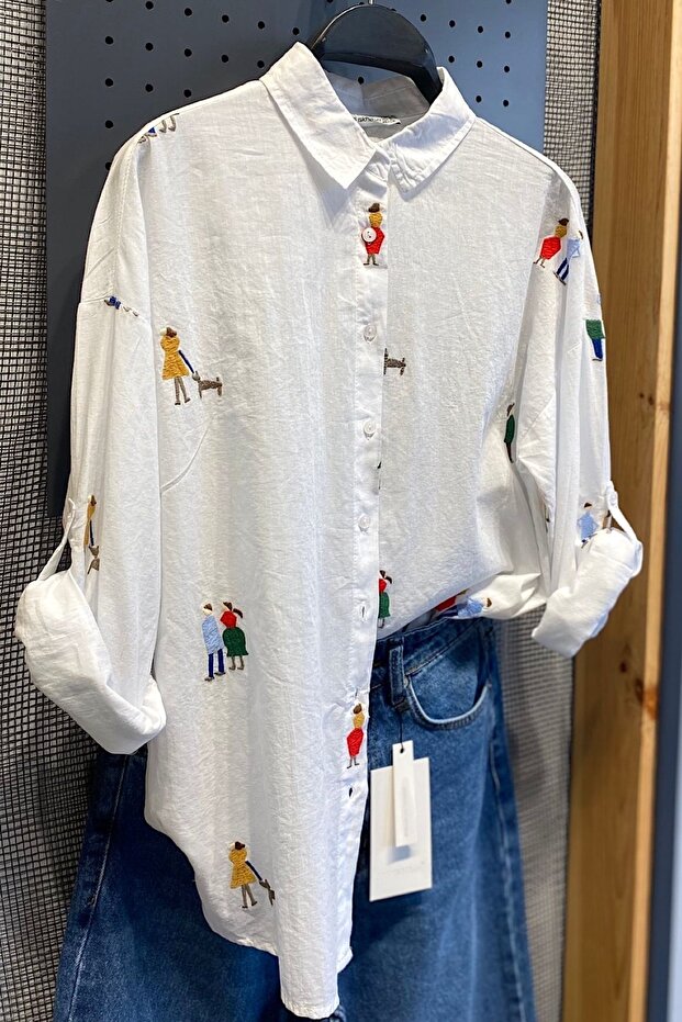 Women's White Embroidered Foldable Sleeve 100% Cotton Shirt