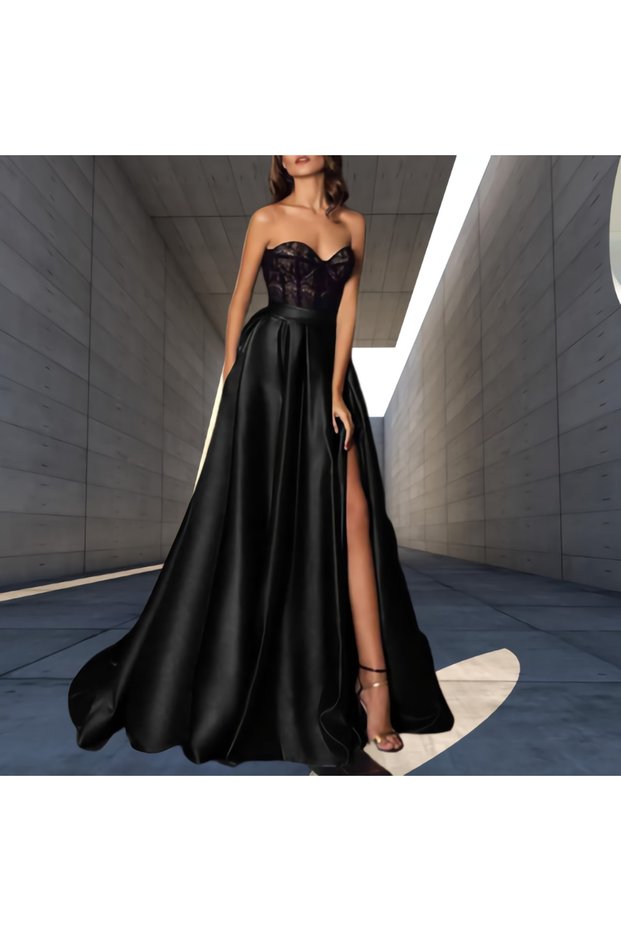 Women's Elegant Black Hidden Slit Detailed Satin A-Line Pleated Skirt