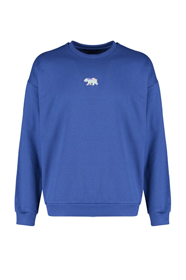 Lacivert Oversize/Geniş Kesim Fit Hayvan Nakışlı İçi Polar/Sıcak Tutan Sweatshirt TMNAW23SW00191 - 8