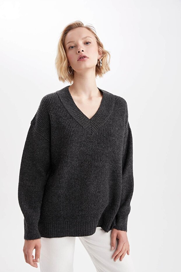 Oversize Fit V Yaka Tunik - 3