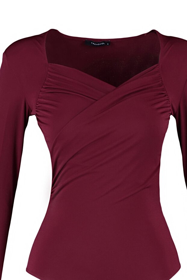 Bordo Vatkalı Drape Detaylı Fitted/Vücuda Oturan Esnek Çıtçıtlı Örme Body TWOAW22BD0156 - 9