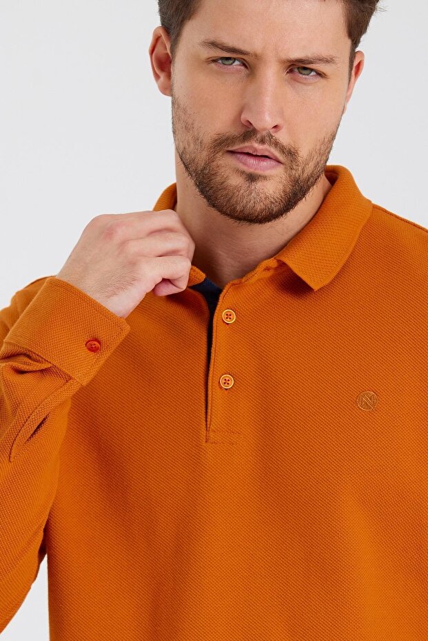Men's Basic Polo Neck Long Winter Orange Sweatshirt - 2