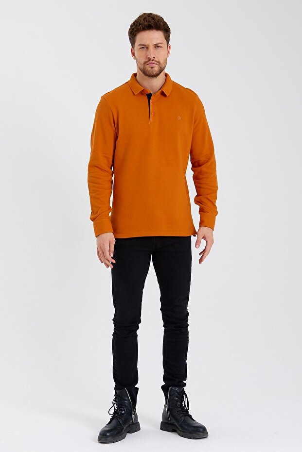 Men's Basic Polo Neck Long Winter Orange Sweatshirt - 3