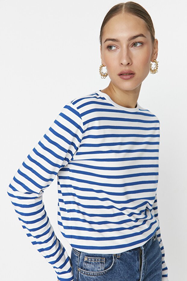 Lacivert Çizgili Regular/Normal Kalıp Basic Bisiklet Yaka Örme T-Shirt TWOAW23TS00002 - 1