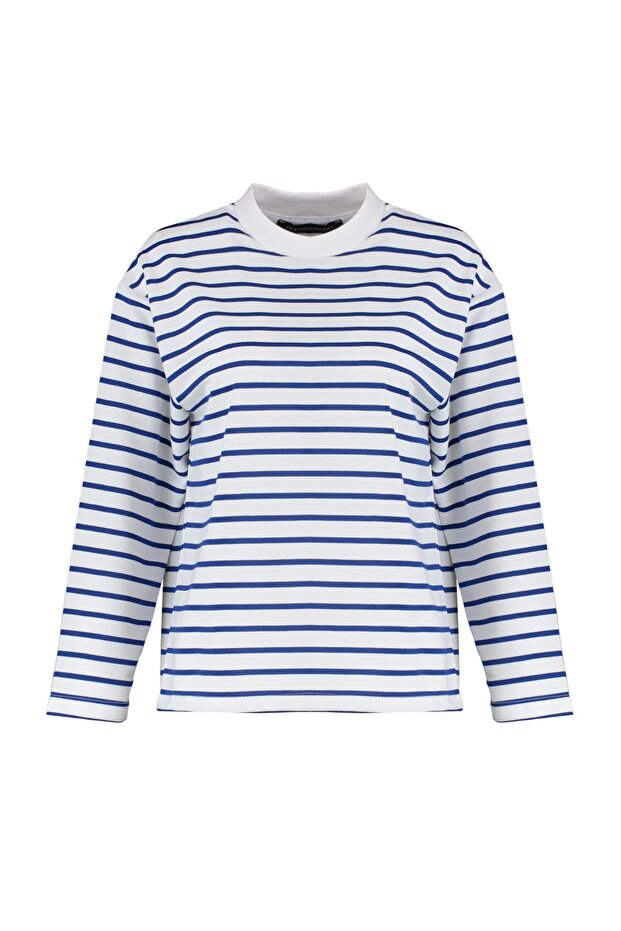 Beyaz Çizgili Oversize/Geniş Kesim Bisiklet Yaka İnce Örme Sweatshirt TWOAW23SW00326 - 8