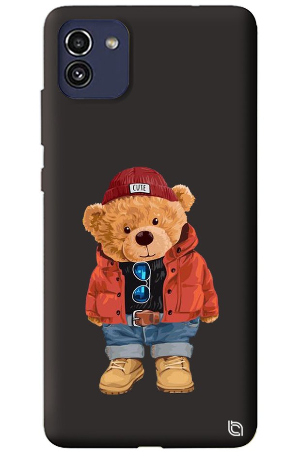 Samsung A03 Black Premium Velvet Teddy Bear Patterned Silicone Phone Case