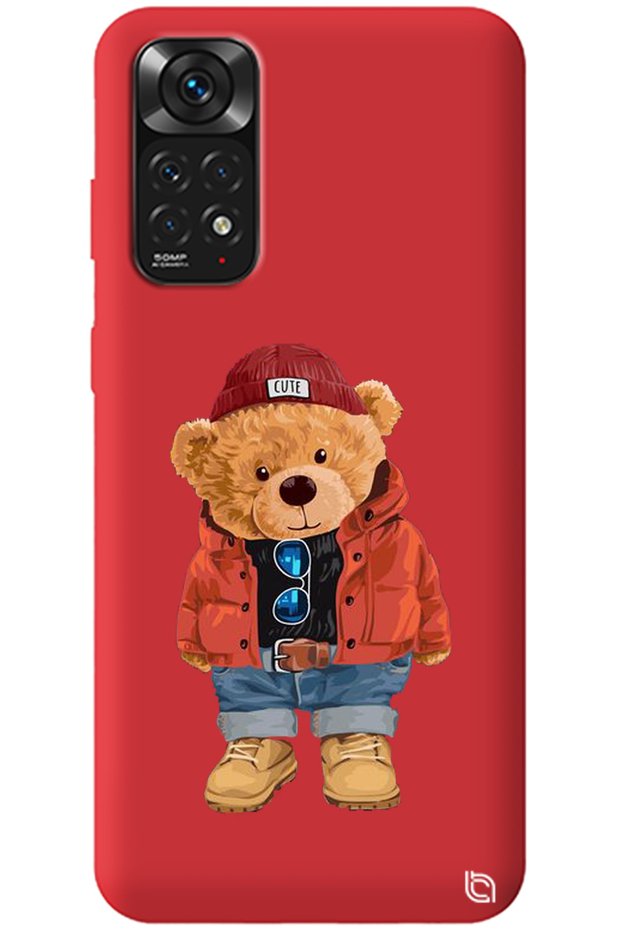 Xiaomi Redmi Note 11 Red Premium Velvet Teddy Bear Patterned Silicone Phone Case