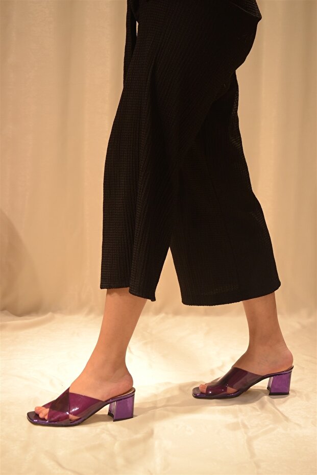 Kadın Mor Şeffaf Çapraz Bant Topuklu Terlik - 4