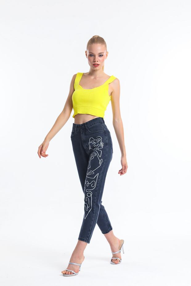 Smoked Face Embroidered High Waist Mom Jean Leg Patterned Jeans