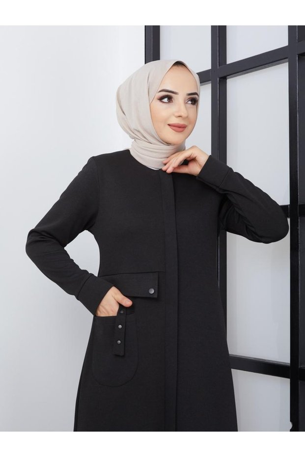 New Season Pocket Detailed Stylish Atlas Fabric Plain Cut Winter Ferace