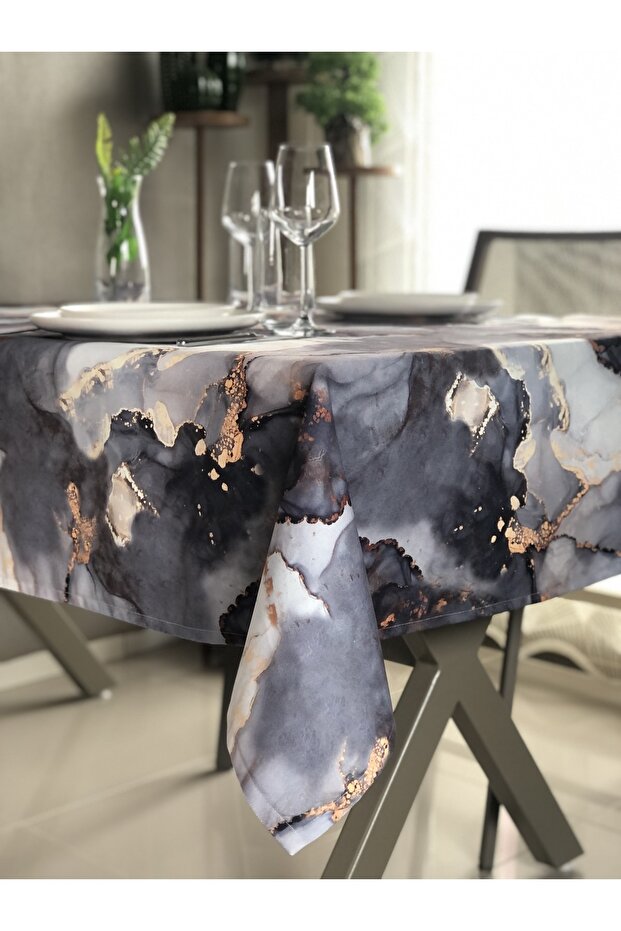Special Stitched, Gray Marble, Table Cloth 130x170 Cm 4-6 Persons