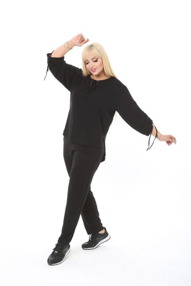Large Size Lycra Elastic Waist Imported Viscose Fabric Slit Pockets Lace Up Trend Tracksuit Set