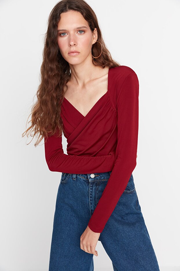 Bordo Vatkalı Drape Detaylı Fitted/Vücuda Oturan Esnek Çıtçıtlı Örme Body TWOAW22BD0156 - 3