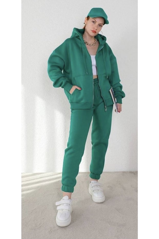 Hooded Full Zipper Solid Color 100% Cotton Oversize Winter Sports Women's Tracksuit Set
