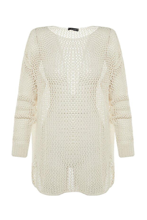 Ecrufarbener, extra weiter Baumwoll-Strickpullover mit Lochmuster TWOAW20FV0184 - 8