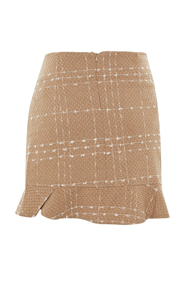 Brązowa, zapinana na guziki spódnica z tweedowej tkaniny, mini spódniczka z falbankami TWOAW22ET0155 - 8